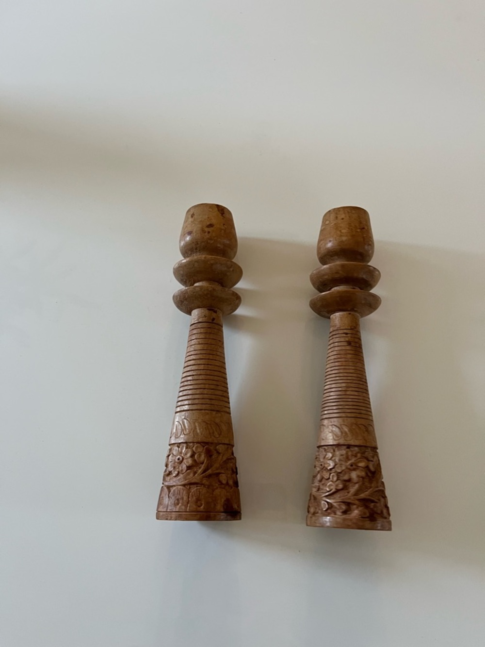 Hand Carved Wooden Candlestick Holders - Brown